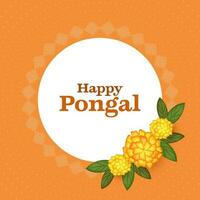 content pongal Police de caractère plus de blanc rond Cadre avec kolam symbole, souci fleurs, feuilles sur Orange à pois Contexte. vecteur