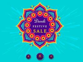 diwali Festival vente affiche conception avec mandala Cadre et brûlant pétrole les lampes sur bleu Contexte. vecteur