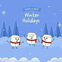 hiver vacances affiche conception avec marrant guimauves dansant contre bleu chute de neige arbre Contexte. vecteur