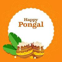 content pongal fête concept avec traditionnel vaisselle dans argile marmites, banane feuilles sur blanc et Orange mandala Contexte. vecteur