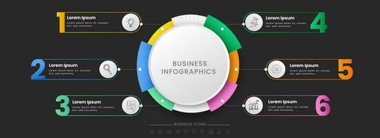 chronologie affaires infographie diagramme avec six les options sur noir Contexte. vecteur