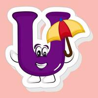 autocollant style violet u alphabet dessin animé personnage en portant parapluie sur rose Contexte. vecteur