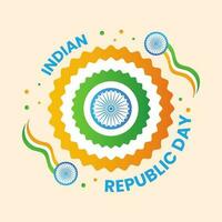 Indien république journée fête concept avec drapeau fleur, ashoka roue et ondulé ruban plus de pêche Contexte. vecteur