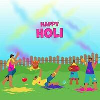 Holi fête Contexte avec dessin animé Jeune Hommes et femmes profiter Festival dans coloré costume. vecteur