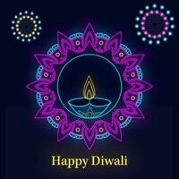 content diwali fête concept avec néon style rond mandala cadre, allumé pétrole lampe et feux d'artifice étoile sur bleu Contexte. vecteur