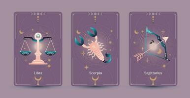 Balance, Scorpion, et Sagittaire zodiaque symboles sont main dessin modes entouré par lune et étoiles sur une violet arrière-plan, en forme pour paranormal, tarot lecteurs, et astrologues vecteur