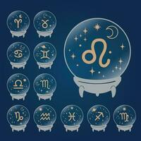 zodiaque signe derrière cristal Balle entouré par étoiles et lune. fortune caissier. sur bleu Contexte vecteur