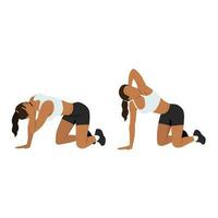 femme Faire exercice dans thoracique rotation pose ou quadrupède rotation. plat vecteur