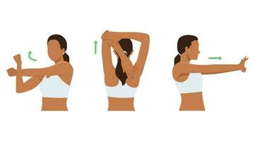 femme élongation posture pour douleurs traitement à épaule, bras, cou et dos. plat vecteur
