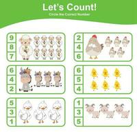 math éducatif Jeu pour les enfants. compter et cercle feuille de travail. apprentissage Comment à compter et rencontre images avec nombre. éducatif imprimable mathématiques. vecteur déposer.