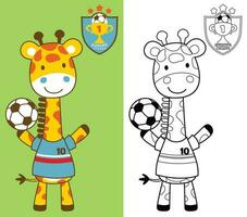 vecteur dessin animé de girafe dans football joueur costume en portant football Balle avec football logo équipe, coloration livre ou page