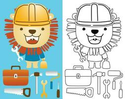 vecteur dessin animé de mignonne Lion dans constructeur costume avec ouvrier outils, coloration livre ou page