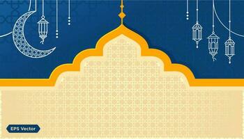 bleu et d'or Ramadan kareem lanterne Contexte vecteur Facile vecteur. eid mubarak salutation ligne icône minimal vecteur conception avec mosquée embrasé lanterne et pendaison croissant lune