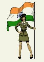 militaire femmes tenir le drapeau de Inde vecteur