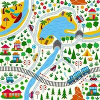 détaillé enfants carte de le ville. voitures, les autobus et les trains, Maisons et routes, rivière, forêt et ville sans couture puéril modèle vecteur