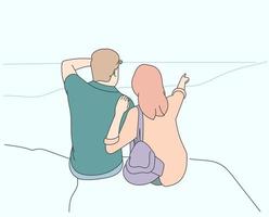 voyages, vacances, concept de tourisme. jeune couple heureux personnages de dessins animés touristes randonneurs randonnée sur la nature ensemble vecteur