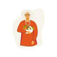 Sénior femme détient assiette avec des légumes. concept de en bonne santé alimentaire, retraités en bonne santé mode de vie. pouvez être utilisé pour social médias bannière, la toile page, prospectus et autre. vecteur illustration