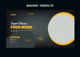 bannière web de marketing de médias sociaux de menu de nourriture de restaurant. vignette vidéo de promotion de vente en ligne de pizza, burger ou hamburger. fond de site de restauration rapide. flyer alimentaire avec logo et icône de l'entreprise. vecteur