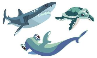 une mini ensemble avec une marteau requin et une ordinaire requin et tortue. mignonne animaux dans bleu nuances sont nager isolé sur une blanc Contexte. collection de autocollants sur le thème de Marin animaux vecteur