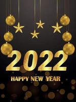 flyer de fête d & # 39; invitation de bonne année 2022 avec des boules de fête dorées vecteur