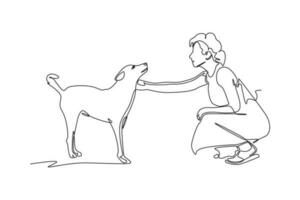 continu un ligne dessin content femme caresse chien sur rue. Urbain animaux domestiques concept. Célibataire ligne dessiner conception vecteur graphique illustration.