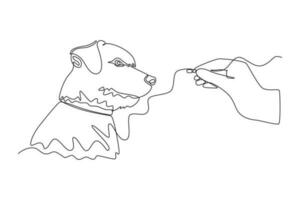 continu un ligne dessin chien avoir médicament. Urbain animaux domestiques concept. Célibataire ligne dessiner conception vecteur graphique illustration.