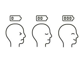 définir le niveau d'énergie personne avec batterie de faible fatigue en pleine icône de ligne heureuse. les personnes à faible charge et manquant d'énergie de la batterie et de signe de puissance humaine forte à haute énergie. épuisement professionnel, stress. vecteur