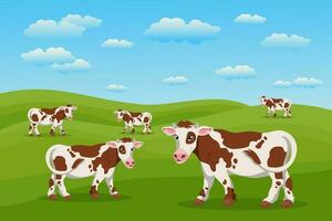 mignonne Pointé vaches dans le pâturage, été paysage. une troupeau de vaches est pâturage dans le prairie. affiche, bannière, illustration, vecteur