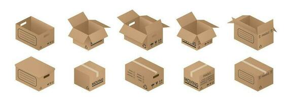 isométrique ensemble de papier carton des boites. carton livraison emballage ouvert et fermé boîte avec fragile livraison panneaux. papier carton boîte maquette grand ensemble. isolé sur blanc Contexte. vecteur