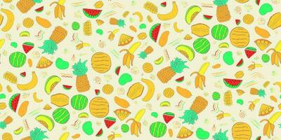 Frais et amusement main tiré coloré tropical fruit sans couture modèle Contexte été conceptions. vecteur illustration Caractéristiques Ananas, pastèques, et juteux