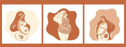ensemble de Trois portrait de magnifique Jeune Enceinte femmes. concept de grossesse et maternité. plat vecteur illustration.