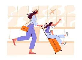 mère monte sa fille sur valise à aéroport vecteur