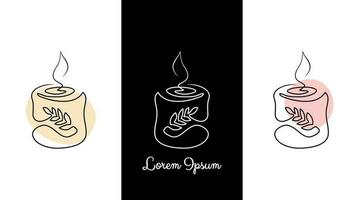 ensemble de minimaliste continu ligne brûlant arôme et spa bougie avec tige avec feuilles étiquette pour le logo dans divers conceptions. bougie dans un ligne style. vecteur