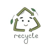 recycler symbole avec vert flèches, souriant affronter, feuilles et caractères. griffonnage style vecteur logotype. zéro déchets, environnement préservation concept.