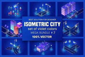Ville isométrique ultraviolette définie la ville de quartier de bloc de module 3d avec un gratte-ciel de construction de route de rue de l'infrastructure urbaine de l'architecture vectorielle. illustration lumineuse moderne pour la conception de jeux