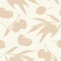 Olives silhouettes sans couture motif. olive branches feuilles et baies beige botanique Contexte conception pour emballage papier, textile, emballer, Naturel produits de beauté. vecteur