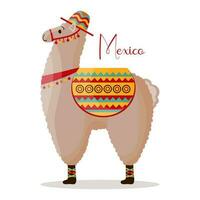 joli lama dans un chapeau avec une selle, alpaga mexicain. symbole du mexique et du pérou. illustration, vecteur