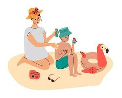 femme s'applique crème solaire à sa fils. enfant mange pastèque sur plage. été vacances concept. vecteur illustration.