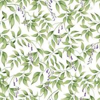 sans couture modèle avec vert feuilles et petit violet glycine fleurs sur une blanc Contexte. génial pour textile, tissu, emballage papier, fond d'écran. vecteur
