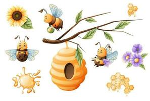 dessin animé les abeilles, ruche, tournesol, nids d'abeilles, Miel. ensemble de des illustrations pour autocollants, imprimer, livres. vecteur