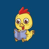 mignonne poulet en train de lire livre dessin animé autocollant vecteur illustration