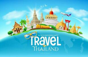 Thaïlande des endroits architecture tourisme Festival conception sur monde carte, avion, nuage et ciel sur bleu arrière-plan, eps dix vecteur illustration