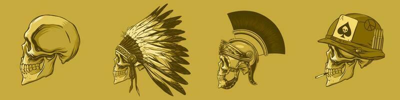 monochrome ensemble de crânes avec coiffures de soldats dans main dessiner style. vecteur illustration.