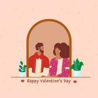 content la Saint-Valentin journée affiche conception avec sans visage romantique couple à la recherche chaque autre et plante des pots sur pêche Contexte. vecteur