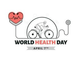 7e avril, monde santé journée concept avec griffonnage style homme cyclisme et battement de coeur vérification par stéthoscope sur blanc Contexte. vecteur