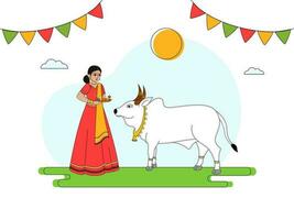 illustration de Sud Indien Jeune femme culte le taureau animal avec soleil, bruant drapeaux décoré Contexte et copie espace. vecteur