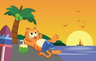 mignonne Orange chat relaxant sur le plage vecteur