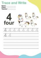 tracer et écrire le numéro pour les enfants. exercice pour que les enfants reconnaissent le nombre. feuille de travail pédagogique pour le préscolaire. fichier vectoriel. vecteur