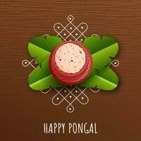 content pongal fête concept avec Haut vue de pongali riz dans argile pot, banane feuilles plus de rangoli marron Contexte. vecteur