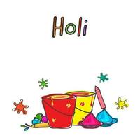 Holi fête concept avec griffonnage style seaux, assiettes plein de couleur, des ballons et l'eau pistolets sur blanc Contexte. vecteur